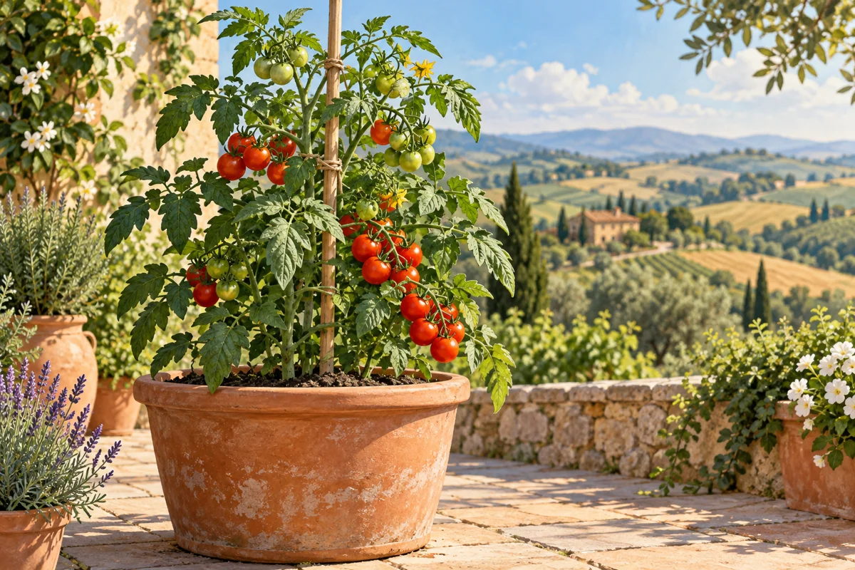 Illustration of a tomato plant in a terracotta container overlooking farmland.
