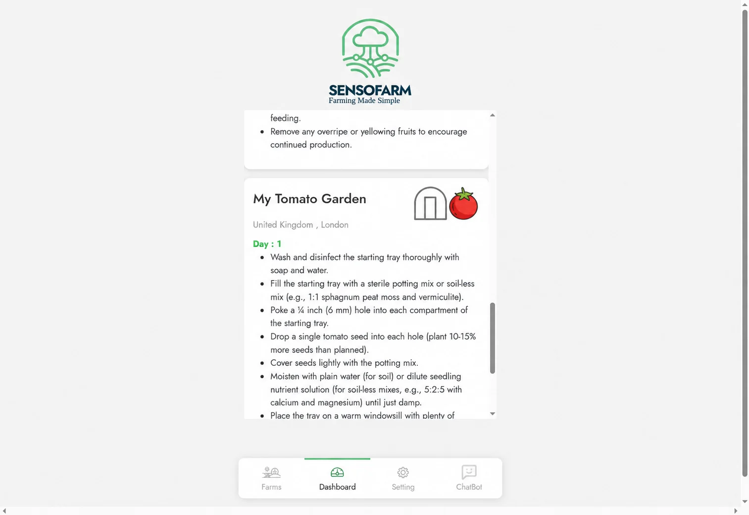 SensoFarm web app showing crop guidance for My Tomato Garden.